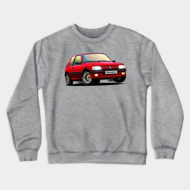 Peugeot 205 Red Crewneck Sweatshirt by Mario Ramos Rally Art